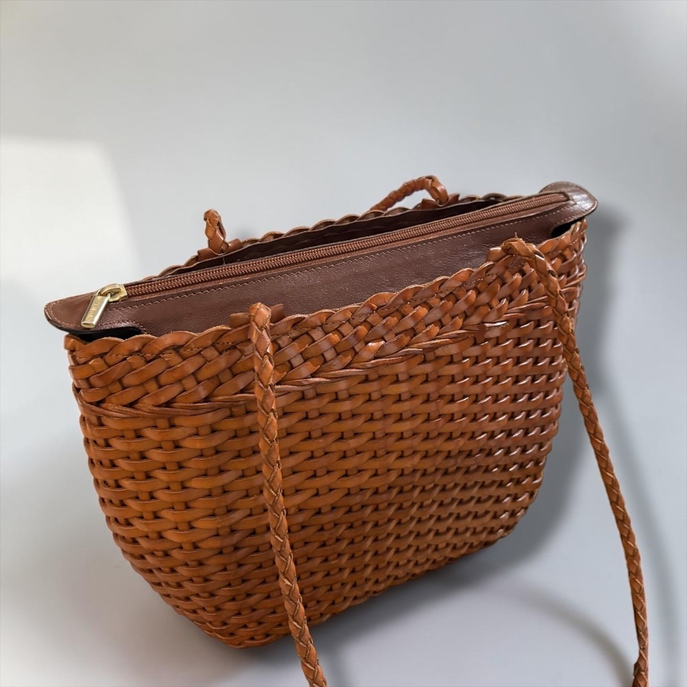 Ellepi Handmade Italy Woven Leather Shoulder Bag Cognac Brown Basketweave Tote